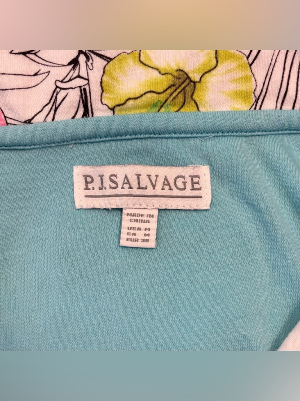 P.J. Salvage Hibiscus Flower Shorts Set, Sz M, Aqua Trim, Yellow, Pink - Picture 6 of 16